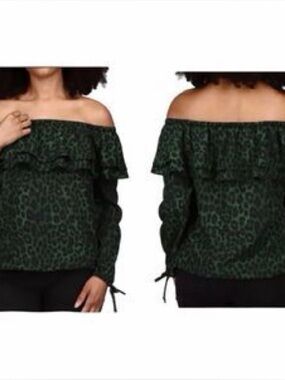 Michael Kors Green and Black Off-Shoulder Leopard Print Top
